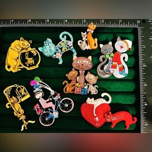 Whimsical Cat Brooch Collection Lot of 9 Colorful Enamel & Rhinestone Jewelry